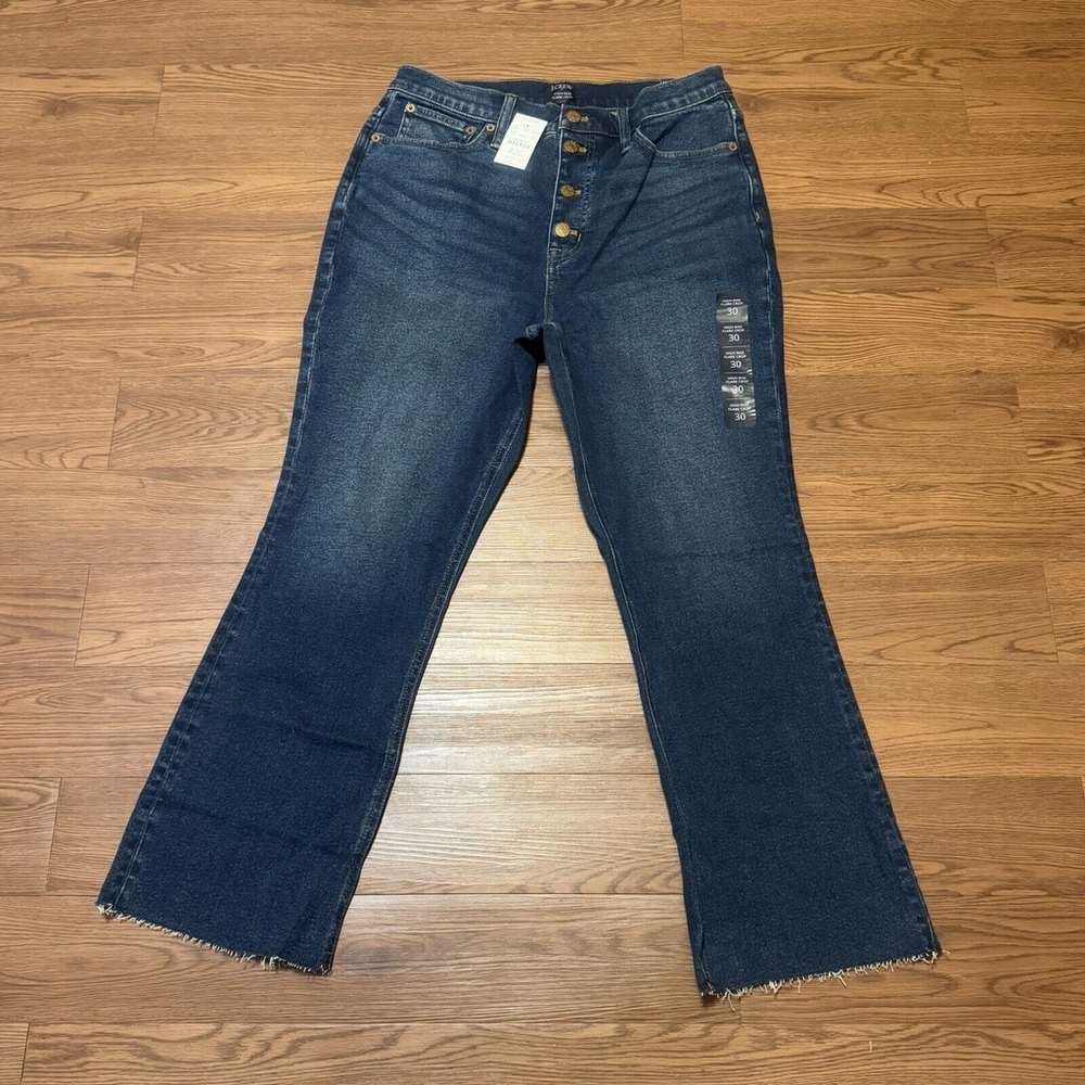 NWT J. Crew Women High Rise Flare Crop Jean Sz:30 Button Fly All day Stretch Raw